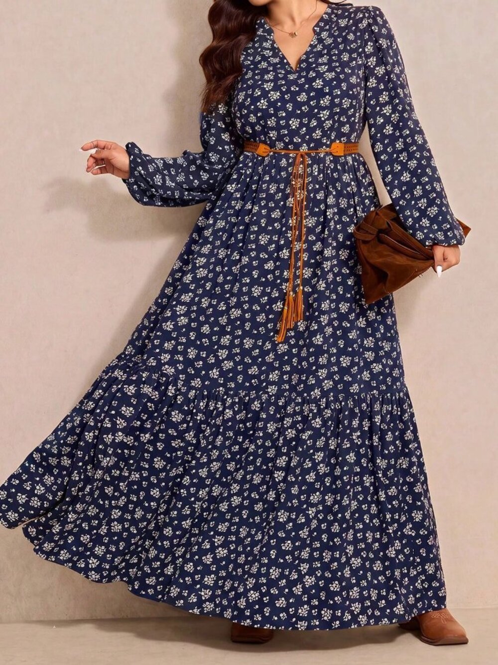 Navy Blue Boho Women's Floral V-Neck Lantern Sleeve Dress - Picture 6 of 7